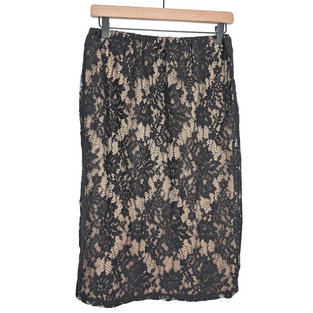 Apt. 9 Womens Black Floral Lace Pencil Skirt Tan Lining Elastic Waist Size M